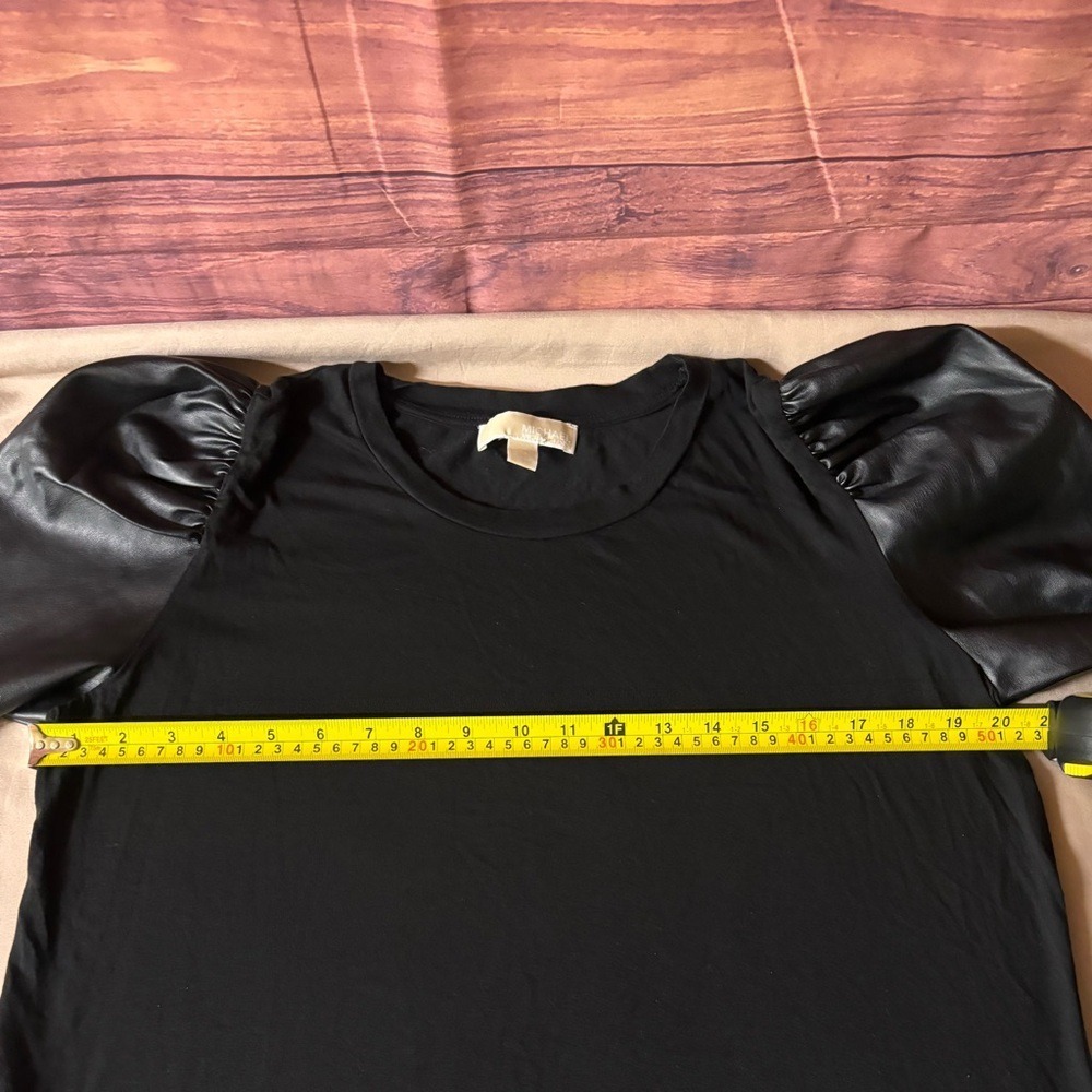 Michael Kors Black Puff Sleeve Top Faux Leather Mixed Media XL - Picture 9 of 10